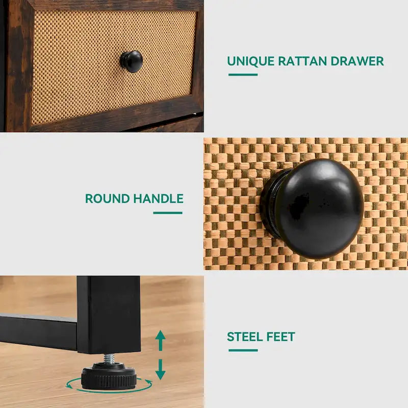 Commode en bois et rotin avec tiroirs