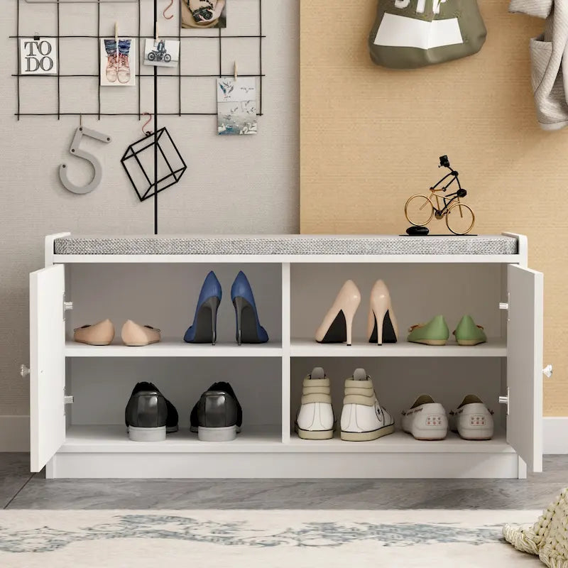 Banc de rangement pour chaussures d'entrée avec 2 portes et coussin d'assise rembourré