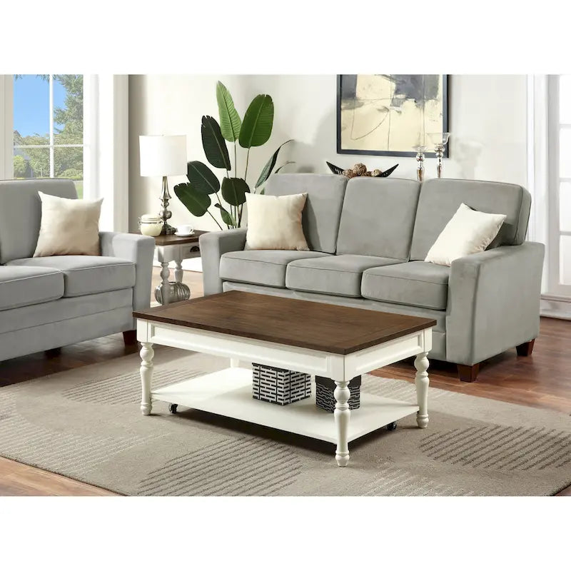 Table basse en bois bicolore ivoire et moka avec roulettes