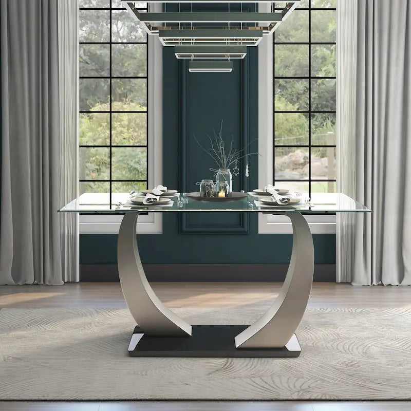 Table de salle à manger noire et argentée avec plateau en verre, 4-6 places