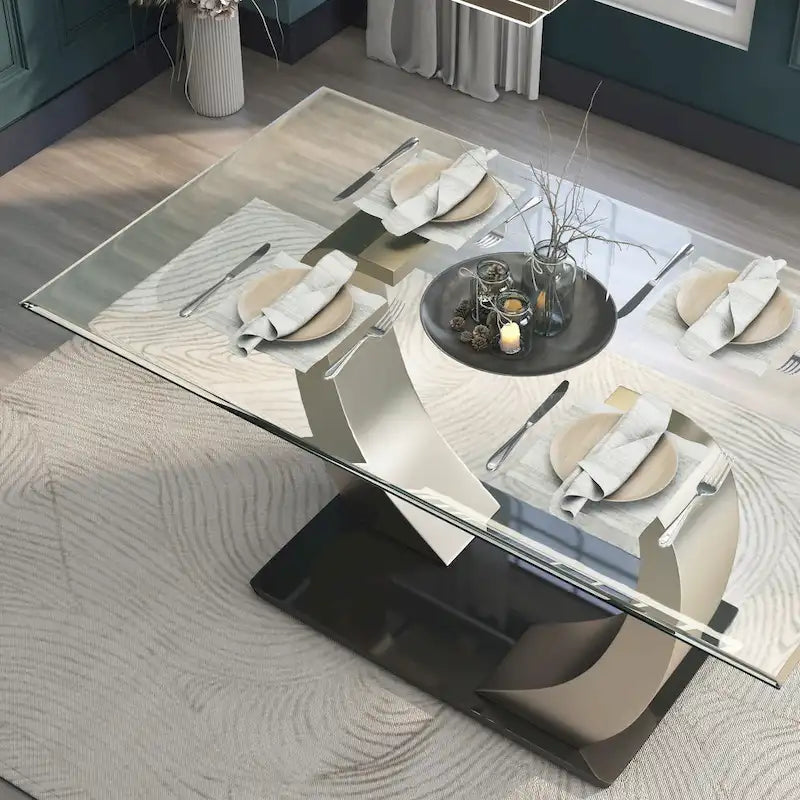 Table de salle à manger noire et argentée avec plateau en verre, 4-6 places