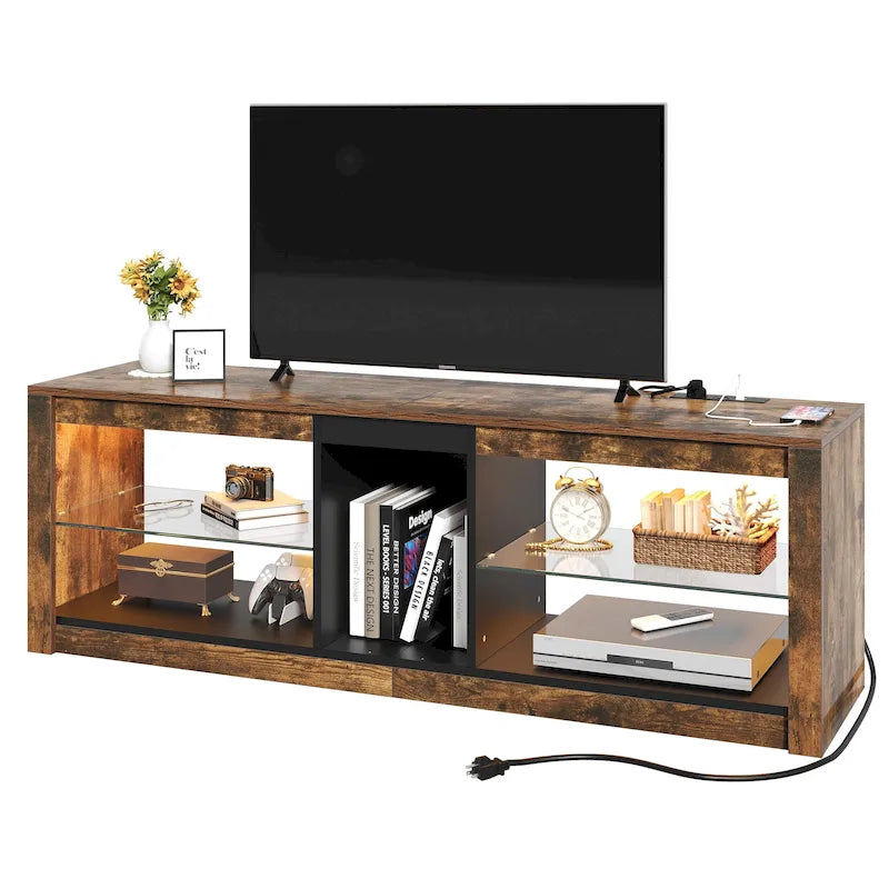 Meuble TV LED RVB marron rustique avec étagères en verre, compatible avec les téléviseurs jusqu'à 60 pouces