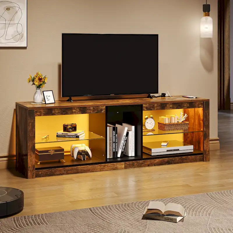 Moasis LED RGB TV Stand w/ Power Outlets for TVs up to 55/60 Entertainment Center with Glass Shelves