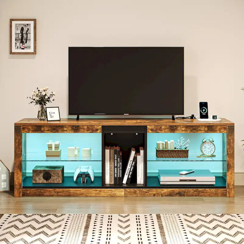 Meuble TV LED RVB marron rustique avec étagères en verre, compatible avec les téléviseurs jusqu'à 60 pouces