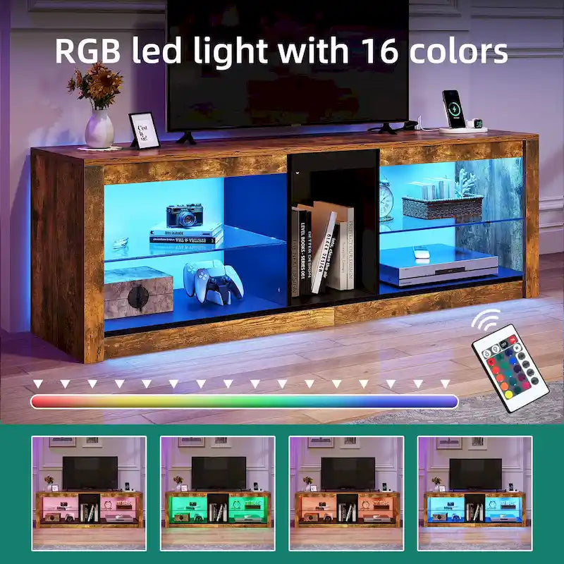 Meuble TV LED RVB marron rustique avec étagères en verre, compatible avec les téléviseurs jusqu'à 60 pouces