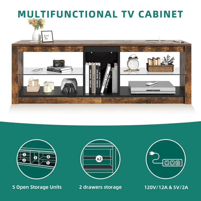 Meuble TV LED RVB marron rustique avec étagères en verre, compatible avec les téléviseurs jusqu'à 60 pouces