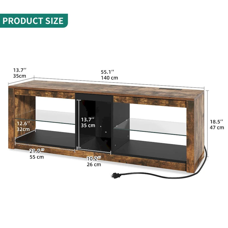 Meuble TV LED RVB marron rustique avec étagères en verre, compatible avec les téléviseurs jusqu'à 60 pouces
