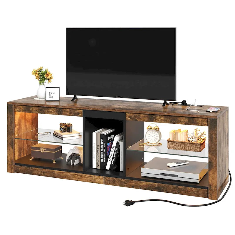 Meuble TV LED RVB marron rustique avec étagères en verre, compatible avec les téléviseurs jusqu'à 60 pouces
