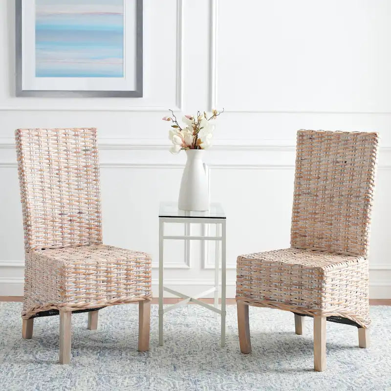 Chaise de salle à manger en rotin naturel sans accoudoirs à dossier haut, lot de 2