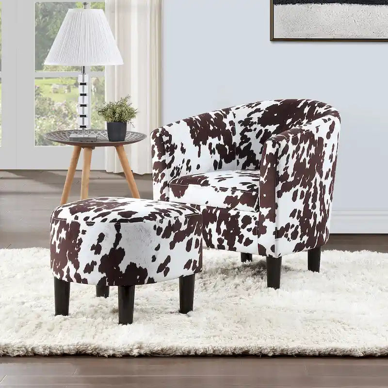 Fauteuil tonneau avec pouf motif vache / imprimé botanique, 1 place