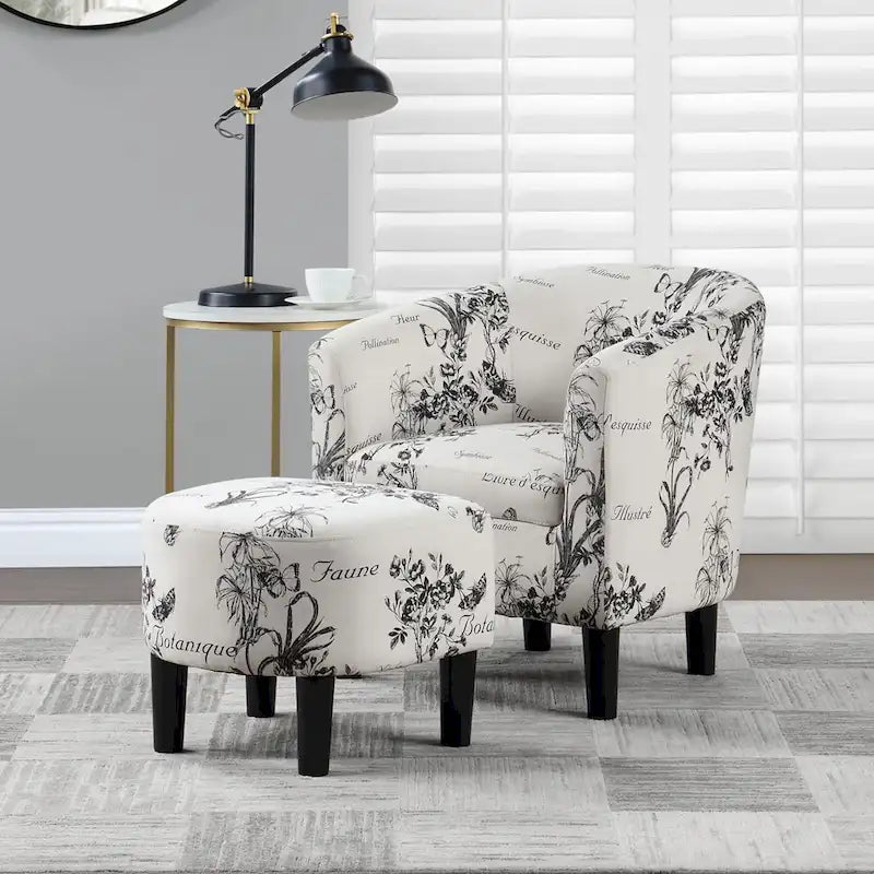 Fauteuil tonneau avec pouf motif vache / imprimé botanique, 1 place