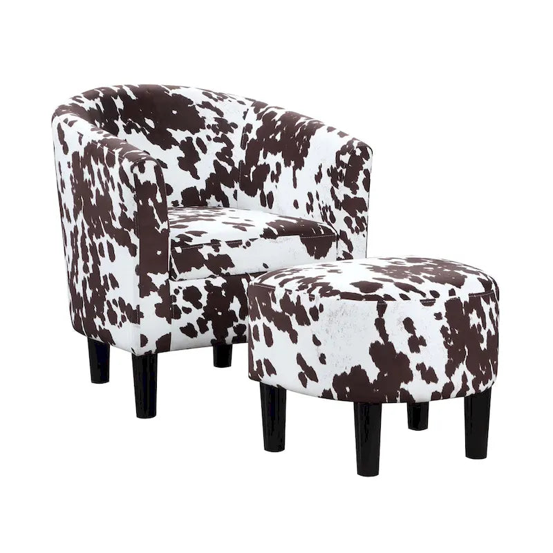 Fauteuil tonneau avec pouf motif vache / imprimé botanique, 1 place