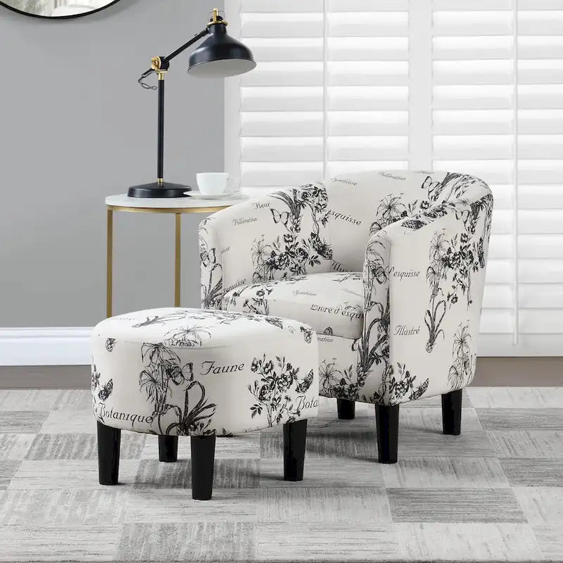 Fauteuil tonneau avec pouf motif vache / imprimé botanique, 1 place