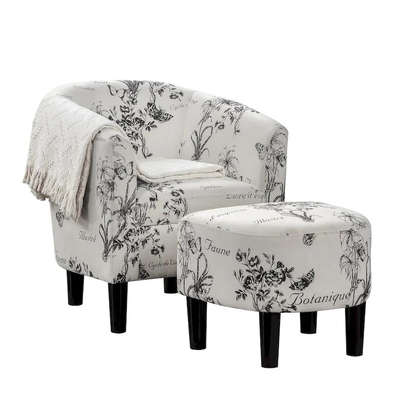Fauteuil tonneau avec pouf motif vache / imprimé botanique, 1 place