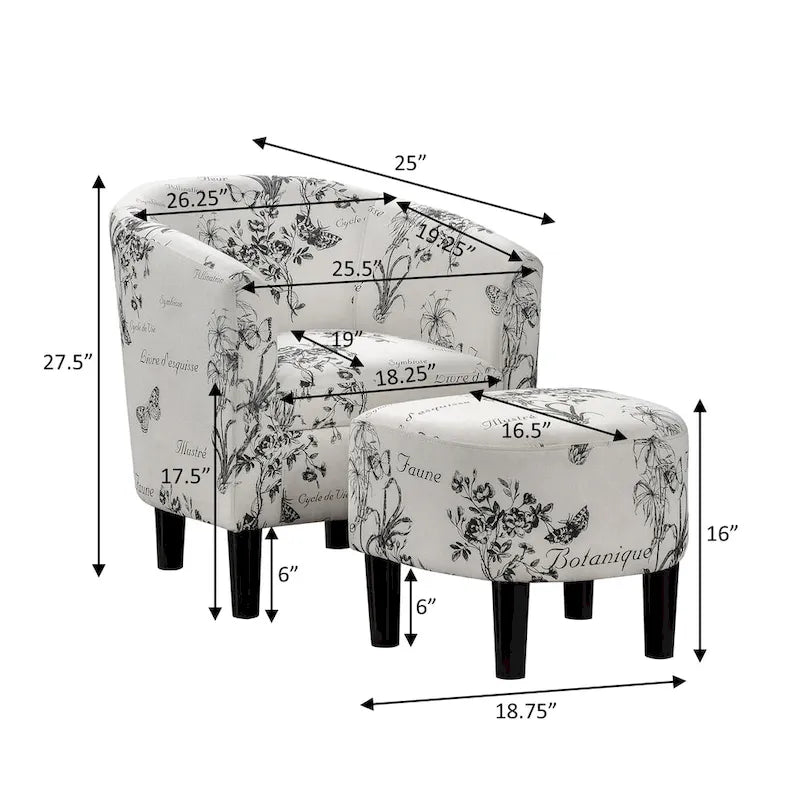 Fauteuil tonneau avec pouf motif vache / imprimé botanique, 1 place