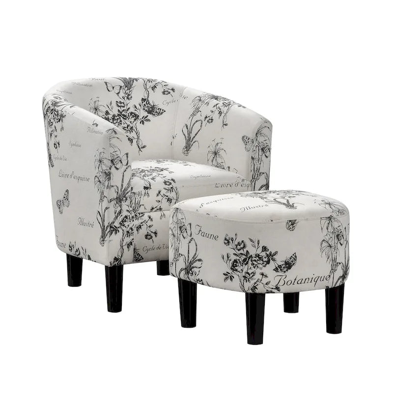 Fauteuil tonneau avec pouf motif vache / imprimé botanique, 1 place