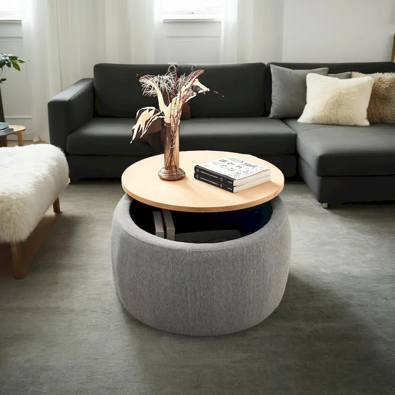 Pouf de rangement rond, pouf de table basse 3-en-1, table d'appoint faite à la main