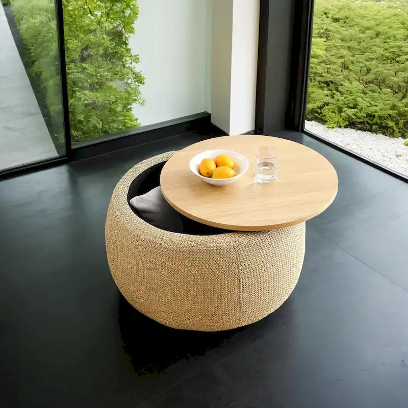 Pouf de rangement rond, pouf de table basse 3-en-1, table d'appoint faite à la main