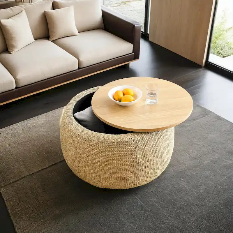 Pouf de rangement rond, pouf de table basse 3-en-1, table d'appoint faite à la main