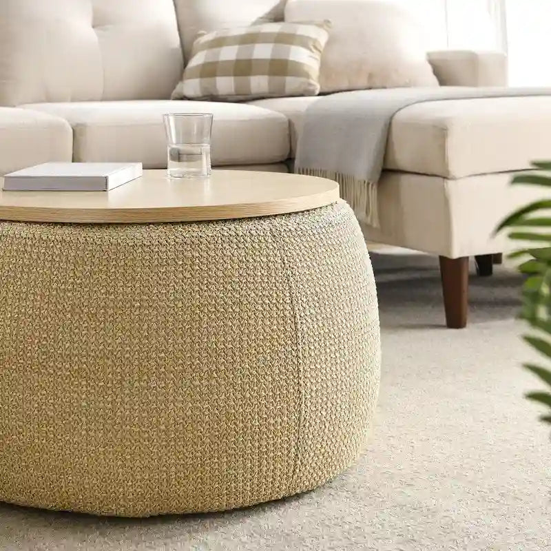 Pouf de rangement rond, pouf de table basse 3-en-1, table d'appoint faite à la main