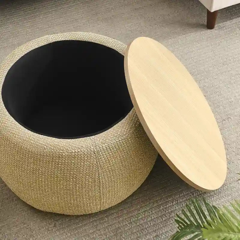 Pouf de rangement rond, pouf de table basse 3-en-1, table d'appoint faite à la main