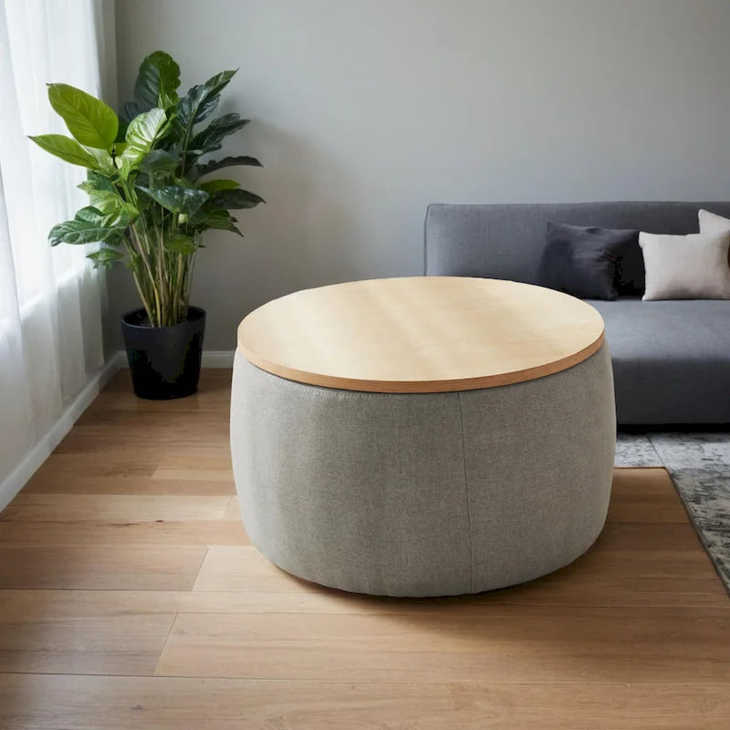 Pouf de rangement rond, pouf de table basse 3-en-1, table d'appoint faite à la main