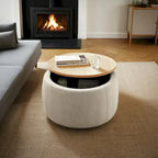 Pouf de rangement rond, pouf de table basse 3-en-1, table d'appoint faite à la main