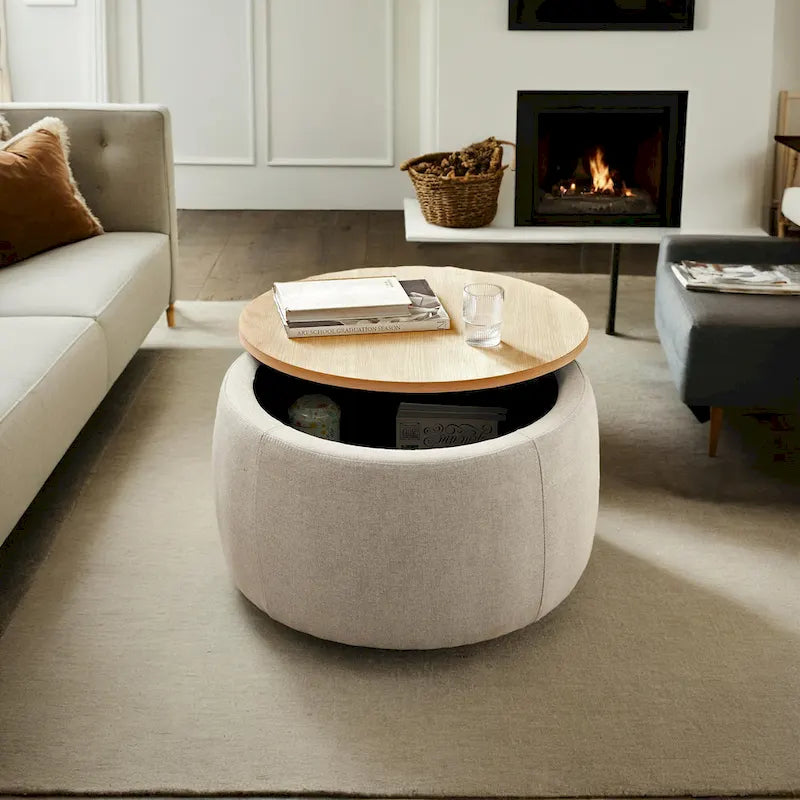 Pouf de rangement rond, pouf de table basse 3-en-1, table d'appoint faite à la main