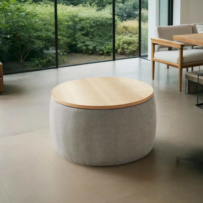Pouf de rangement rond, pouf de table basse 3-en-1, table d'appoint faite à la main