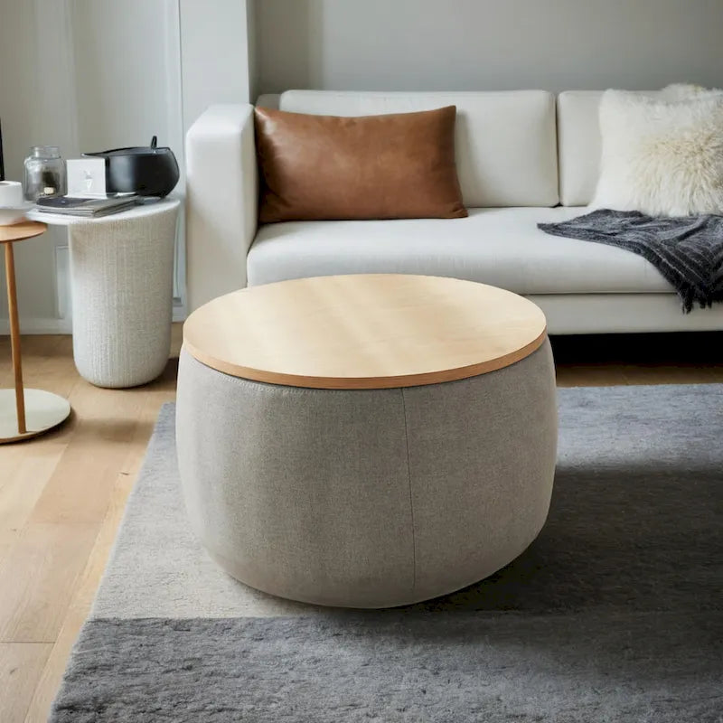 Pouf de rangement rond, pouf de table basse 3-en-1, table d'appoint faite à la main