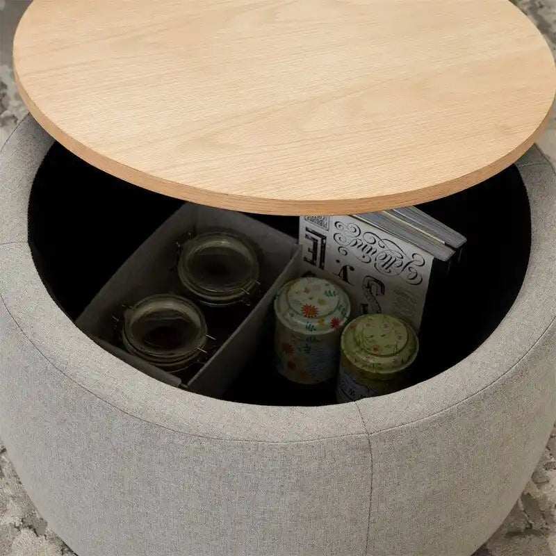 Pouf de rangement rond, pouf de table basse 3-en-1, table d'appoint faite à la main