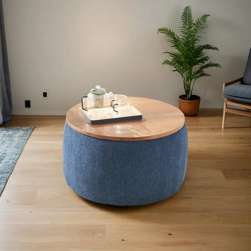 Pouf de rangement rond, pouf de table basse 3-en-1, table d'appoint faite à la main