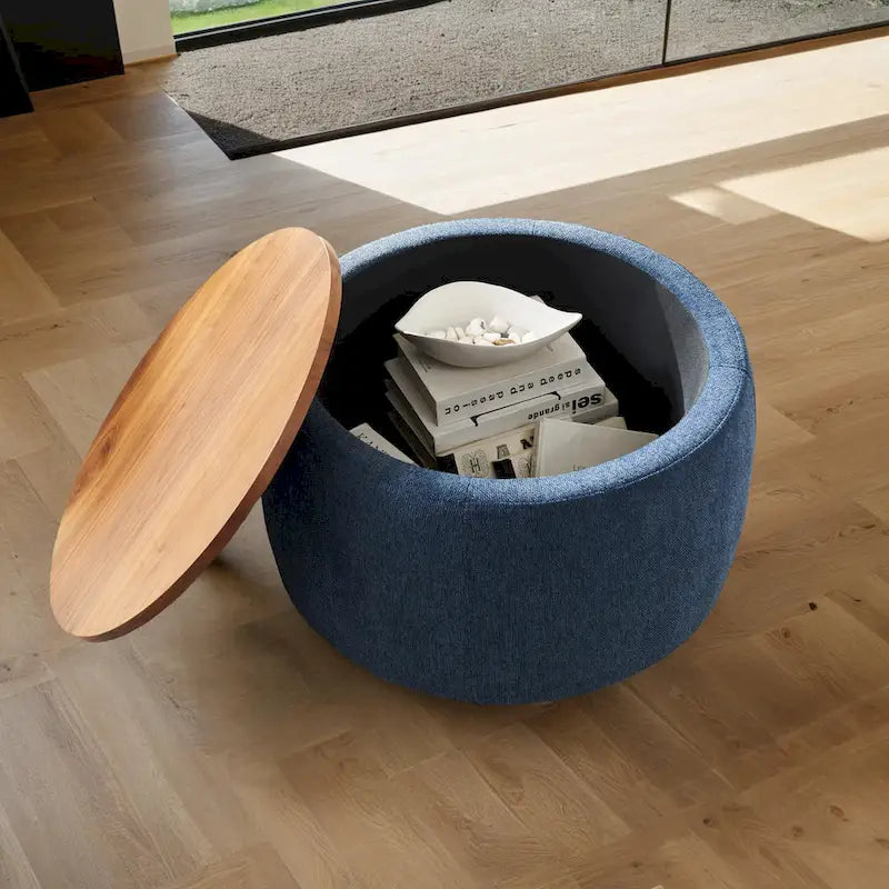 Pouf de rangement rond, pouf de table basse 3-en-1, table d'appoint faite à la main