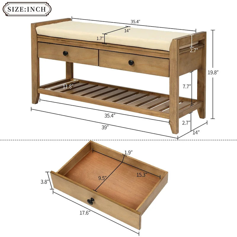 Banc de rangement d'entrée avec coussin et tiroirs - 39L x 14W x 19.8H