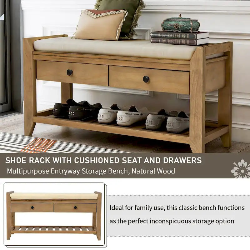 Banc de rangement d'entrée avec coussin et tiroirs - 39L x 14W x 19.8H
