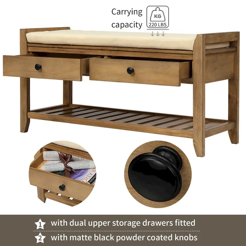 Banc de rangement d'entrée avec coussin et tiroirs - 39L x 14W x 19.8H