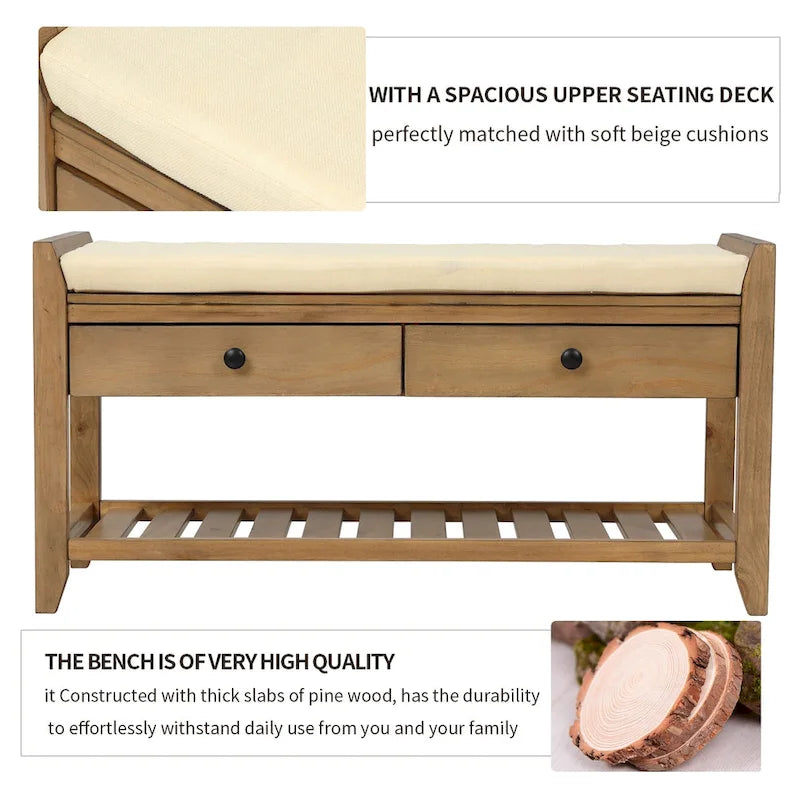 Banc de rangement d'entrée avec coussin et tiroirs - 39L x 14W x 19.8H