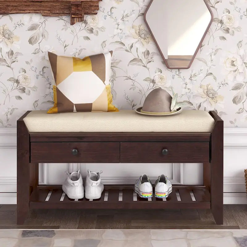 Banc de rangement d'entrée avec coussin et tiroirs - 39L x 14W x 19.8H