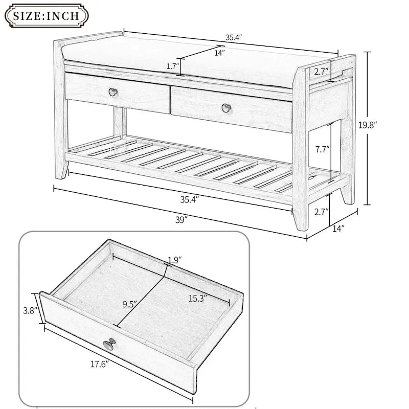 Banc de rangement d'entrée avec coussin et tiroirs - 39L x 14W x 19.8H