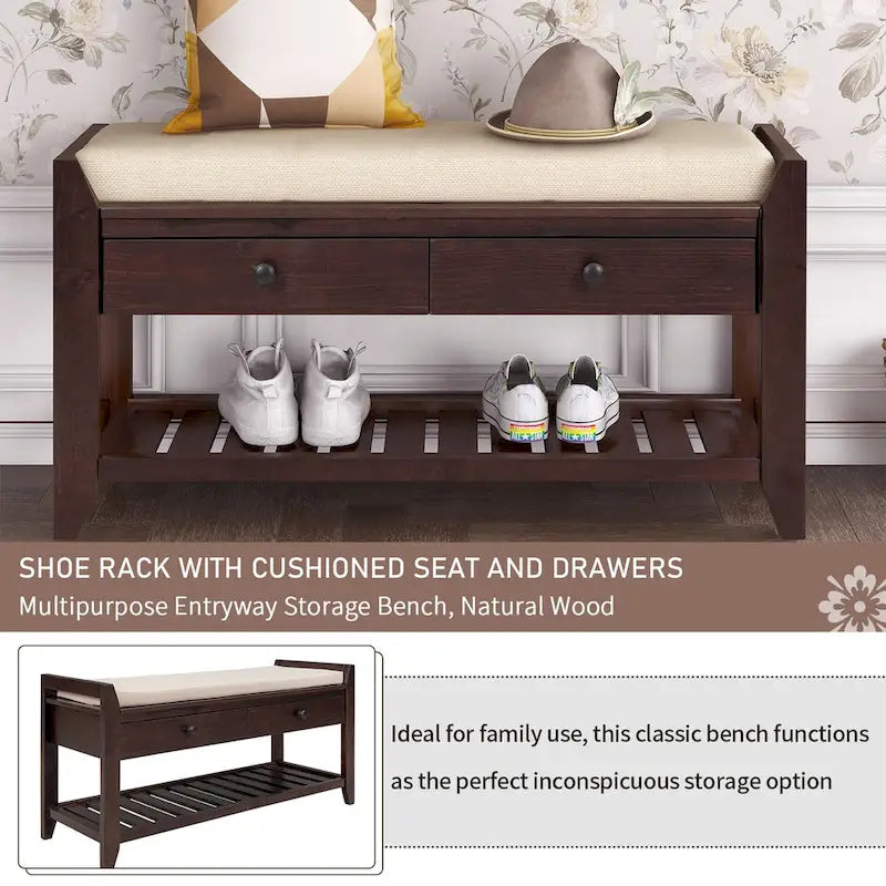 Banc de rangement d'entrée avec coussin et tiroirs - 39L x 14W x 19.8H