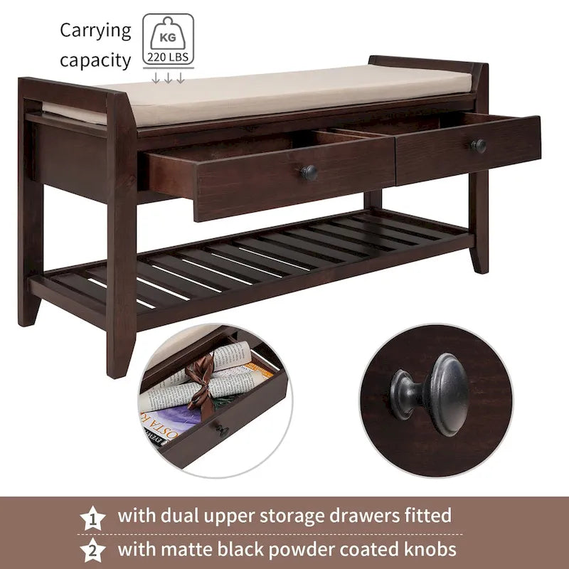 Banc de rangement d'entrée avec coussin et tiroirs - 39L x 14W x 19.8H