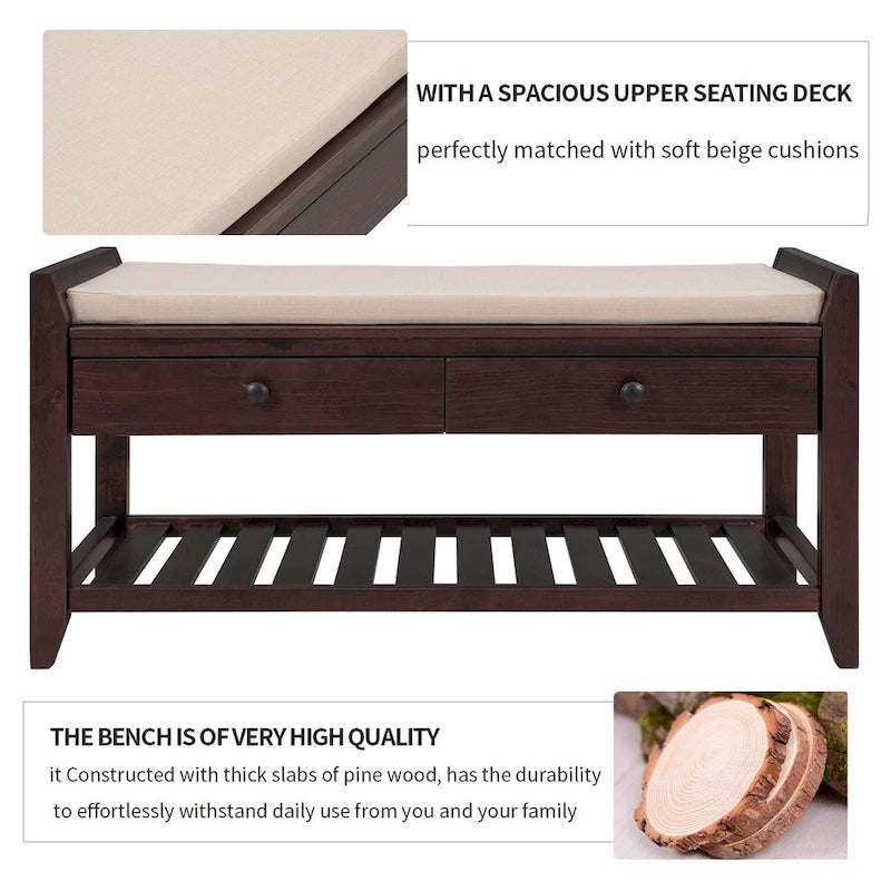 Banc de rangement d'entrée avec coussin et tiroirs - 39L x 14W x 19.8H