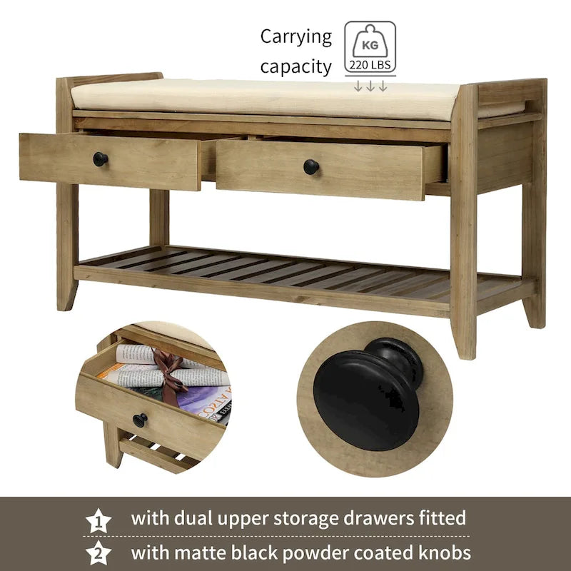 Banc de rangement d'entrée avec coussin et tiroirs - 39L x 14W x 19.8H