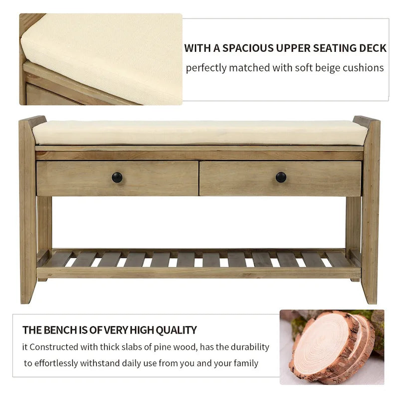 Banc de rangement d'entrée avec coussin et tiroirs - 39L x 14W x 19.8H