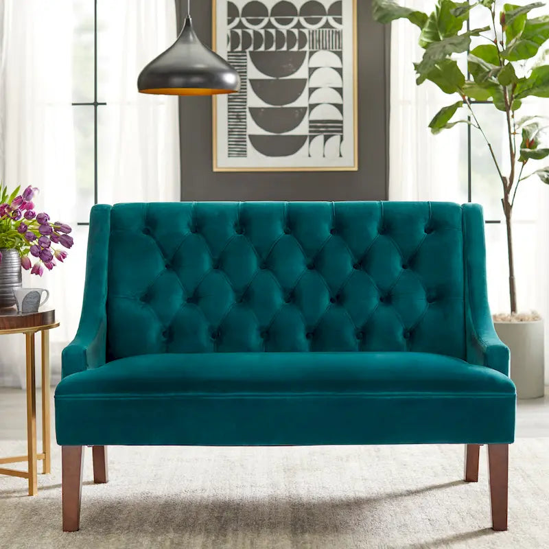Causeuse capitonnée de style Mid-Century – Perle / Bleu / Lin / Vert émeraude / Gris, 2 places