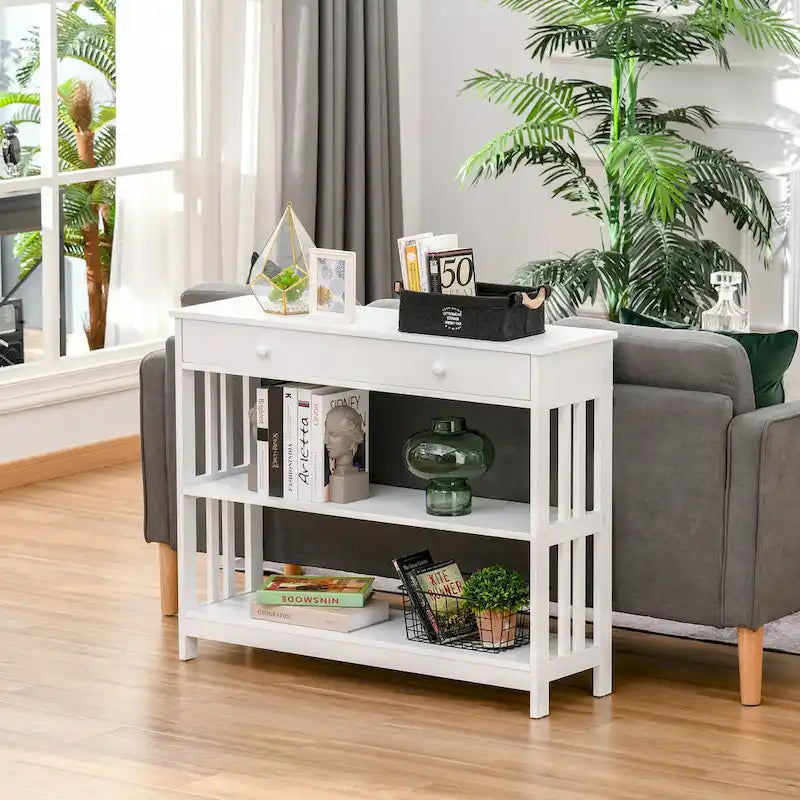 Console, Blanc/Noir, 1 tiroir et 2 étagères ouvertes, Montage 1 personne