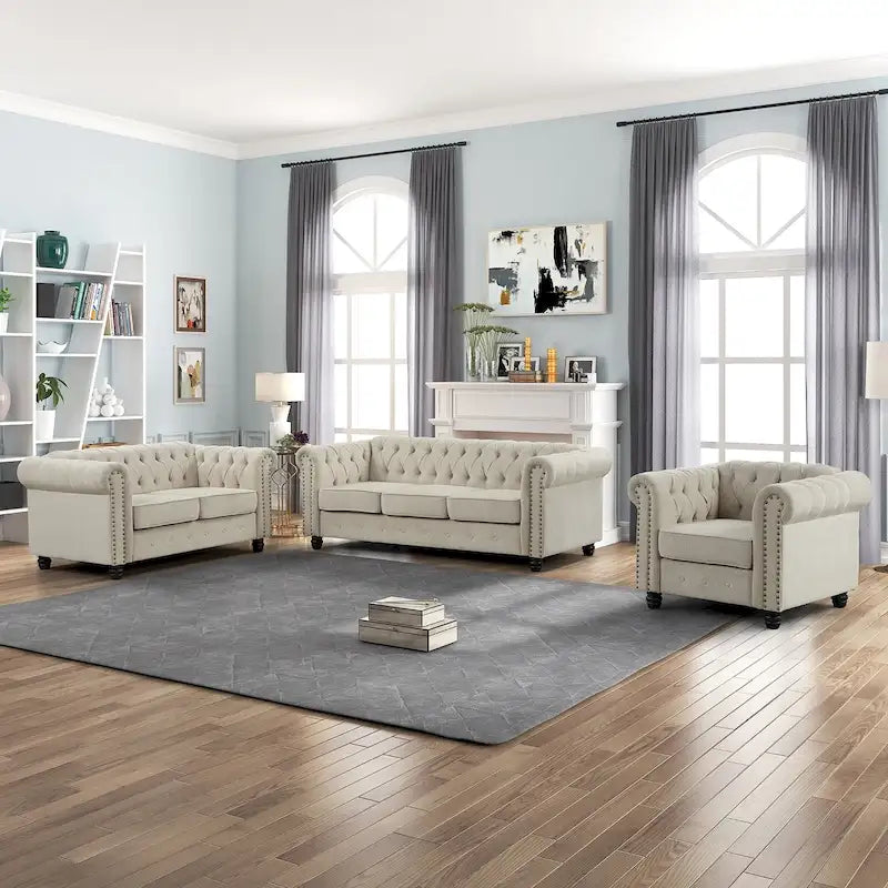 Ensemble Chesterfield Morden Fort 3 pièces avec boutons, comprenant fauteuil, causeuse et canapé, pour salon, lin, pieds en bois massif.