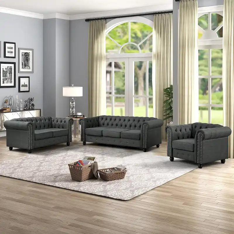 Ensemble Chesterfield Morden Fort 3 pièces avec boutons, comprenant fauteuil, causeuse et canapé, pour salon, lin, pieds en bois massif.