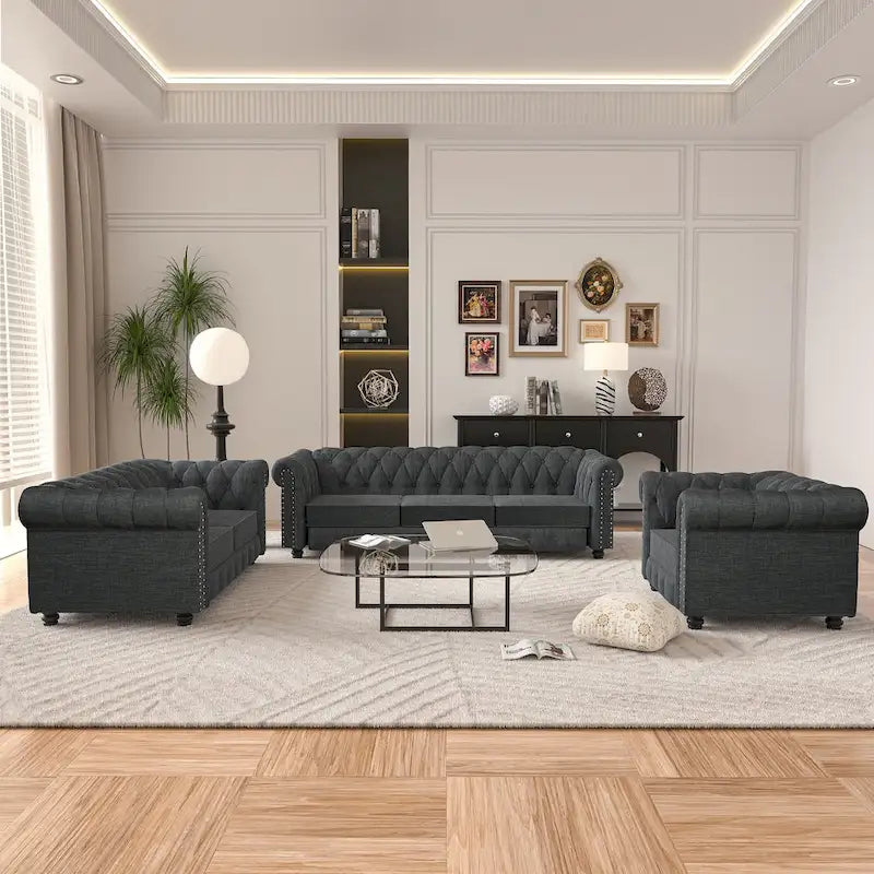 Ensemble Chesterfield Morden Fort 3 pièces avec boutons, comprenant fauteuil, causeuse et canapé, pour salon, lin, pieds en bois massif.