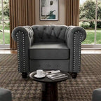 Ensemble Chesterfield Morden Fort 3 pièces avec boutons, comprenant fauteuil, causeuse et canapé, pour salon, lin, pieds en bois massif.